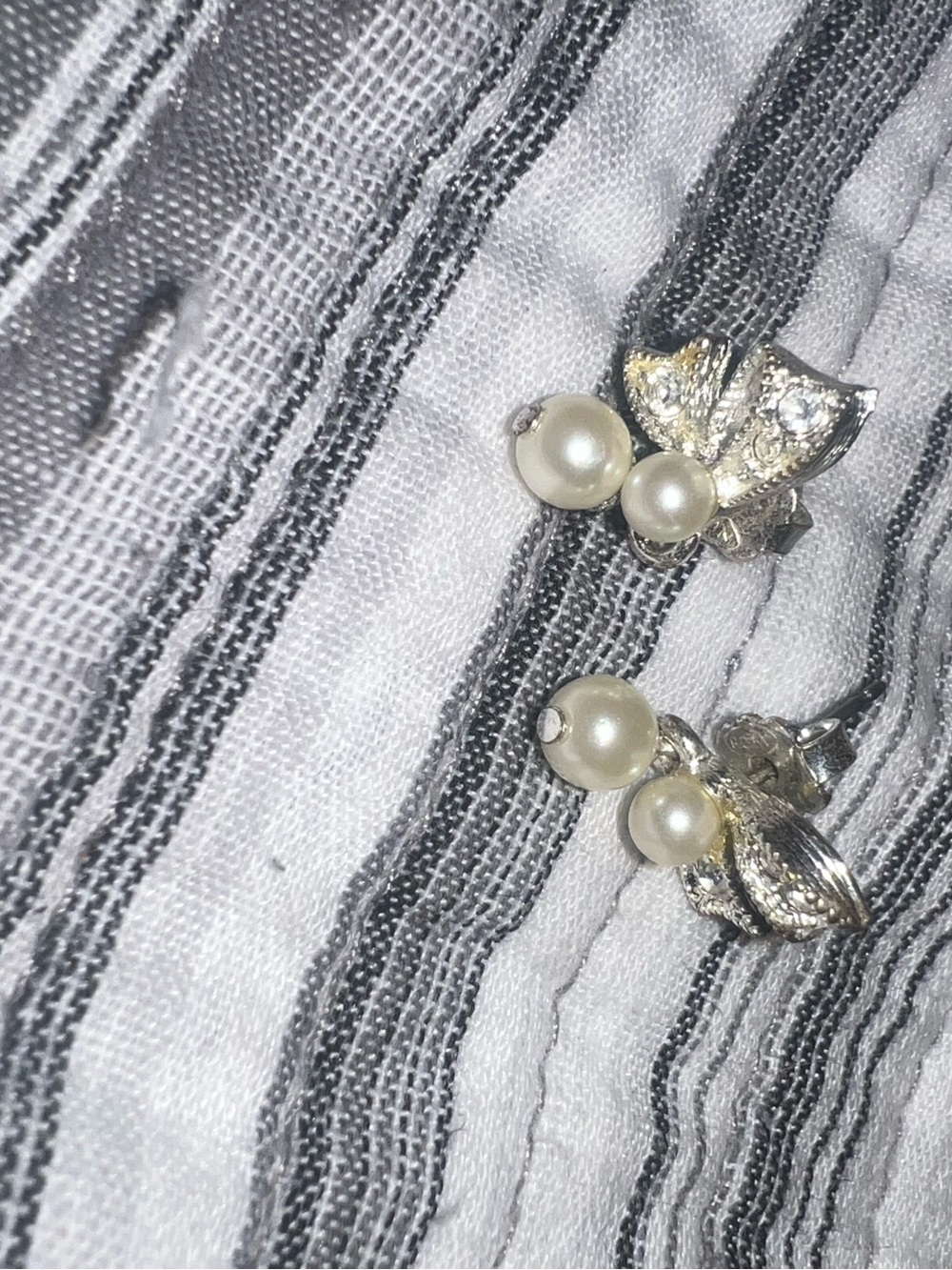 Ivory Pearl & Crystal Butterfly Stud Earrings - Silver Tone
